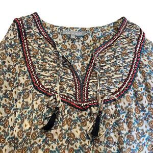 Daniel Rainn Split Neck Tassel Beaded Paisley Floral Print Boho Blouse Sz Large